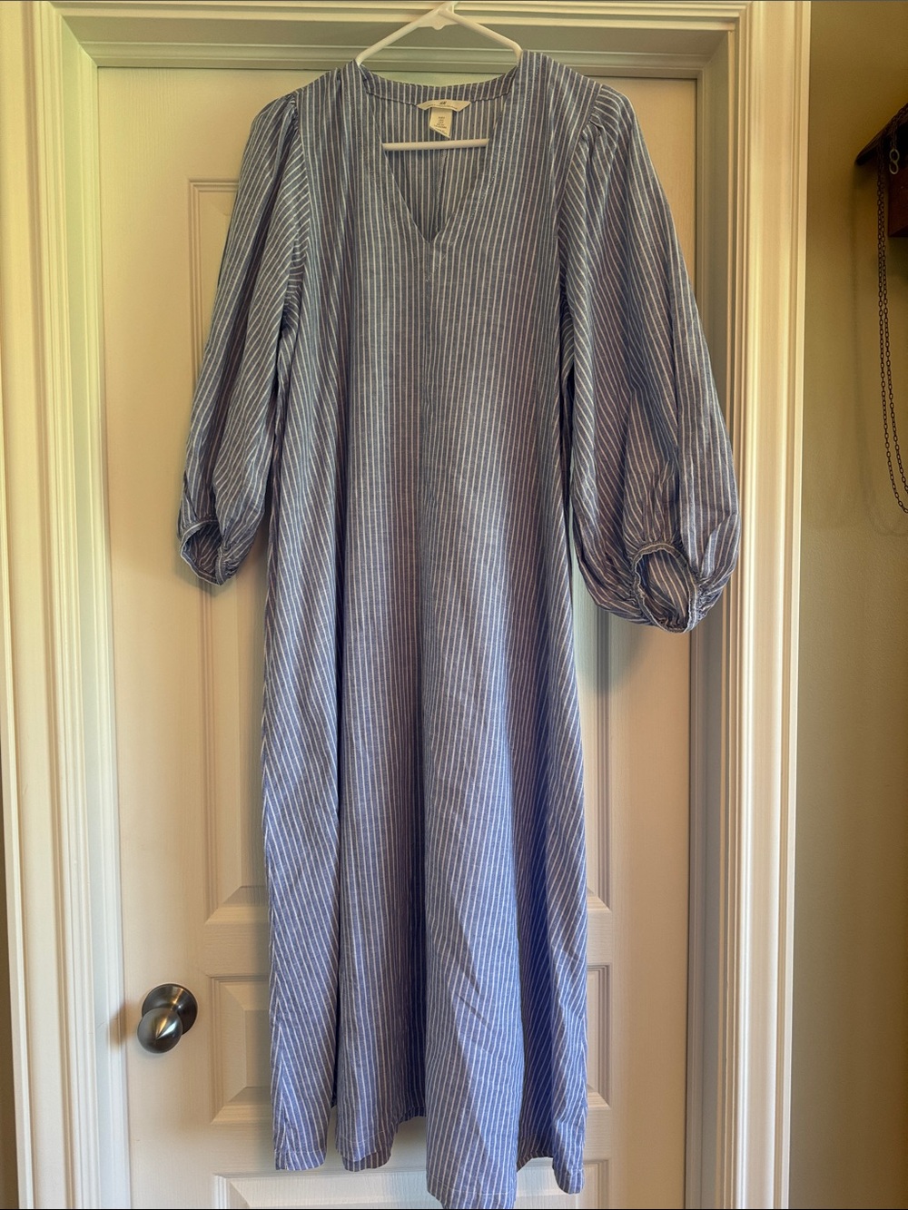 H&M Blue and White Striped Midi Peasant Dress